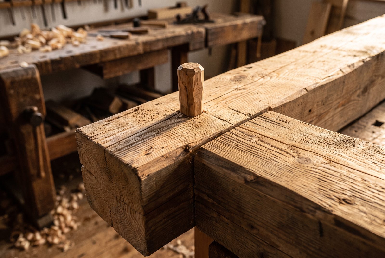 Detail einer Holzverbindung, Zapfen in Vollholz