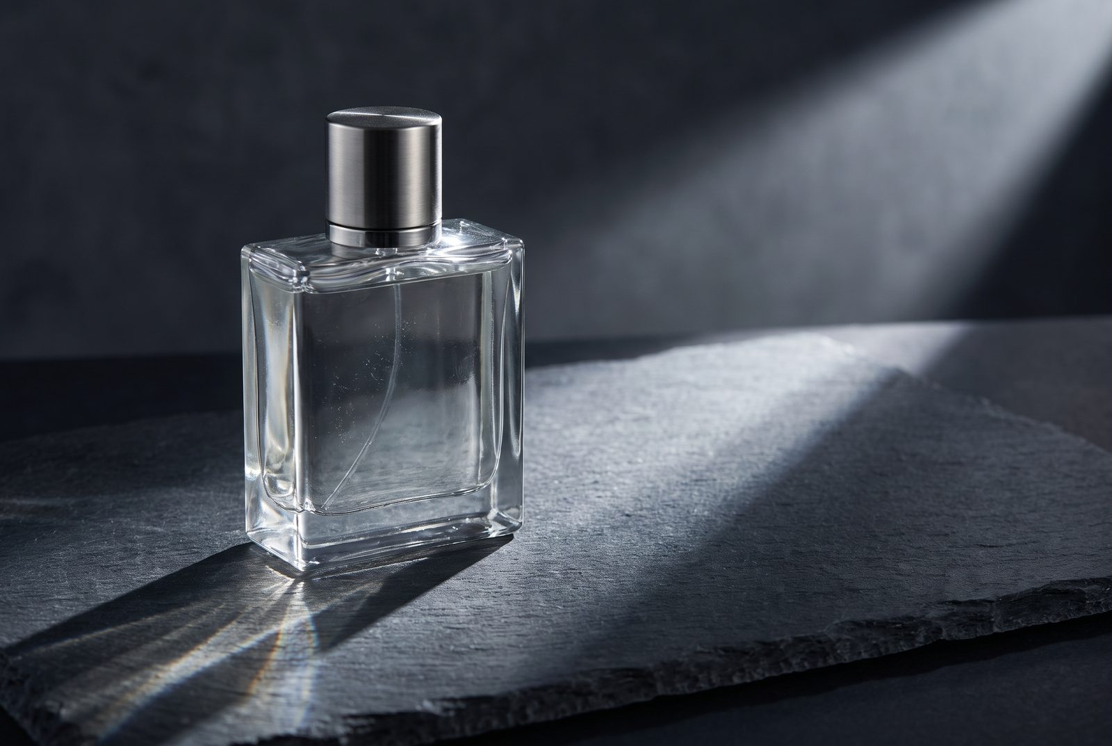 Parfumflakon aus dickem Klarglas mit Stahlverschluss auf Schiefer