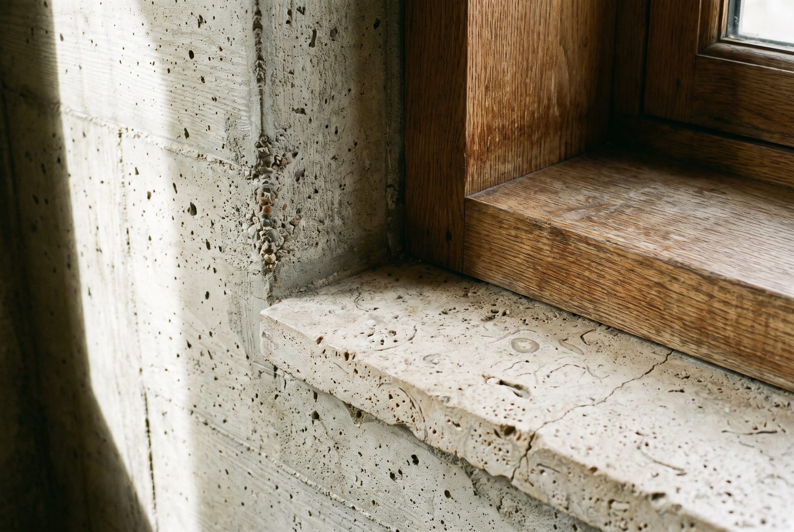 Materialdetail: Sichtbeton trifft auf Eichenlaibung und Kalksteinsims