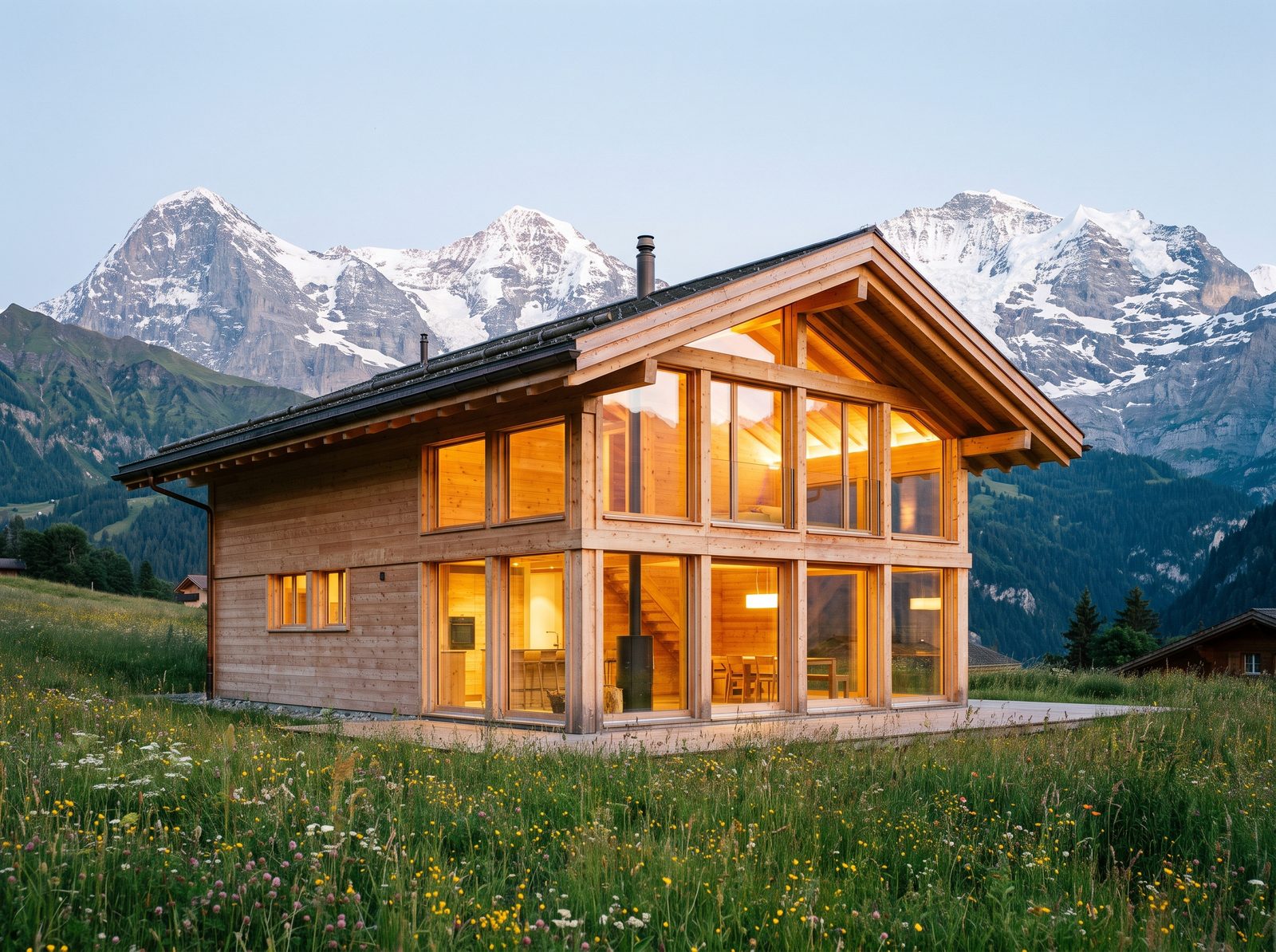 Chalet im Berner Oberland im Abendlicht, die Holzkonstruktion ist sichtbar