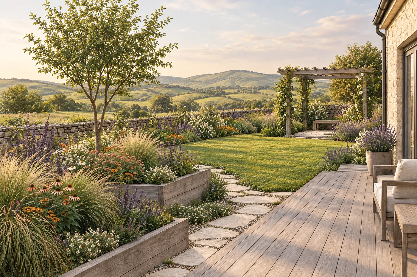 Fertige Ansicht: Garten mit Holzterrasse, Hochbeeten, Trittplatten-Weg, Rasen, Trockenmauer und Pergola im warmen Nachmittagslicht.