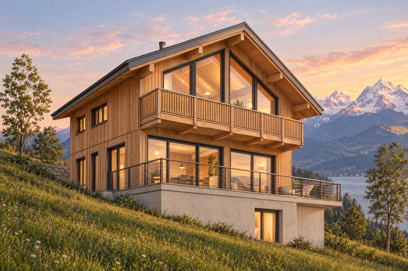 Beispiel der fertigen Ansicht: dasselbe Holzhaus im Abendlicht über dem Thunersee