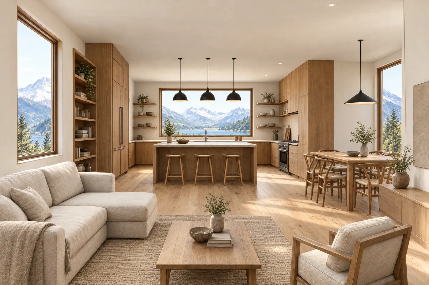 Fertige Ansicht: offene Küche mit Holzfronten und Kochinsel, Wohnraum mit Sofa, grosses Fenster mit Blick auf Berge und See.