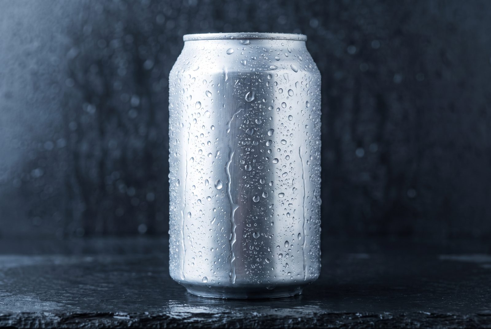 Aluminiumdose mit Kondenswasser auf nassem Stein