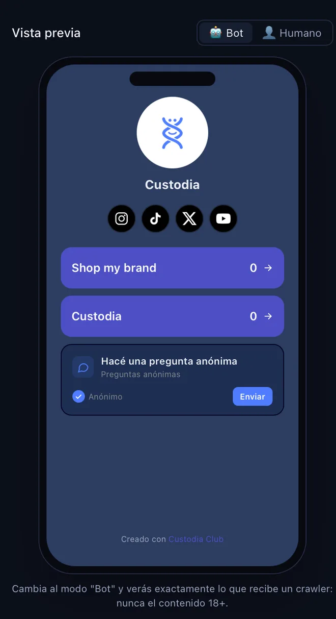 Vista previa móvil de una landing de Custodia: perfil, botones de enlaces y widget de preguntas anónimas