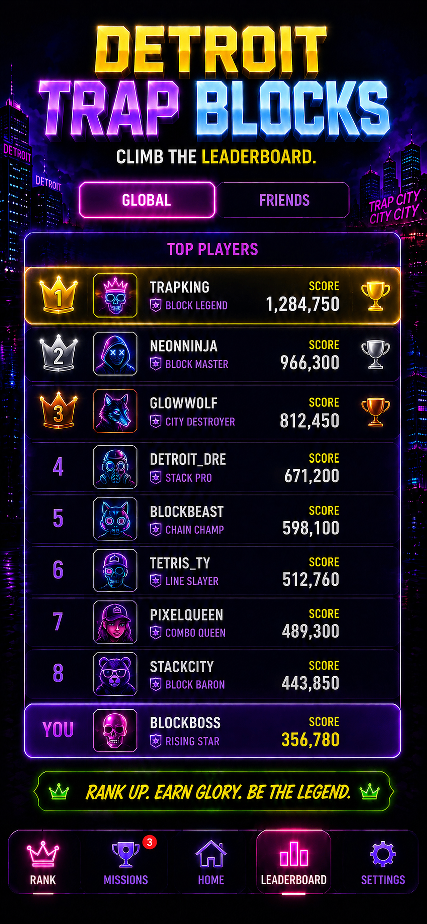 Detroit Trap Blocks leaderboard screen