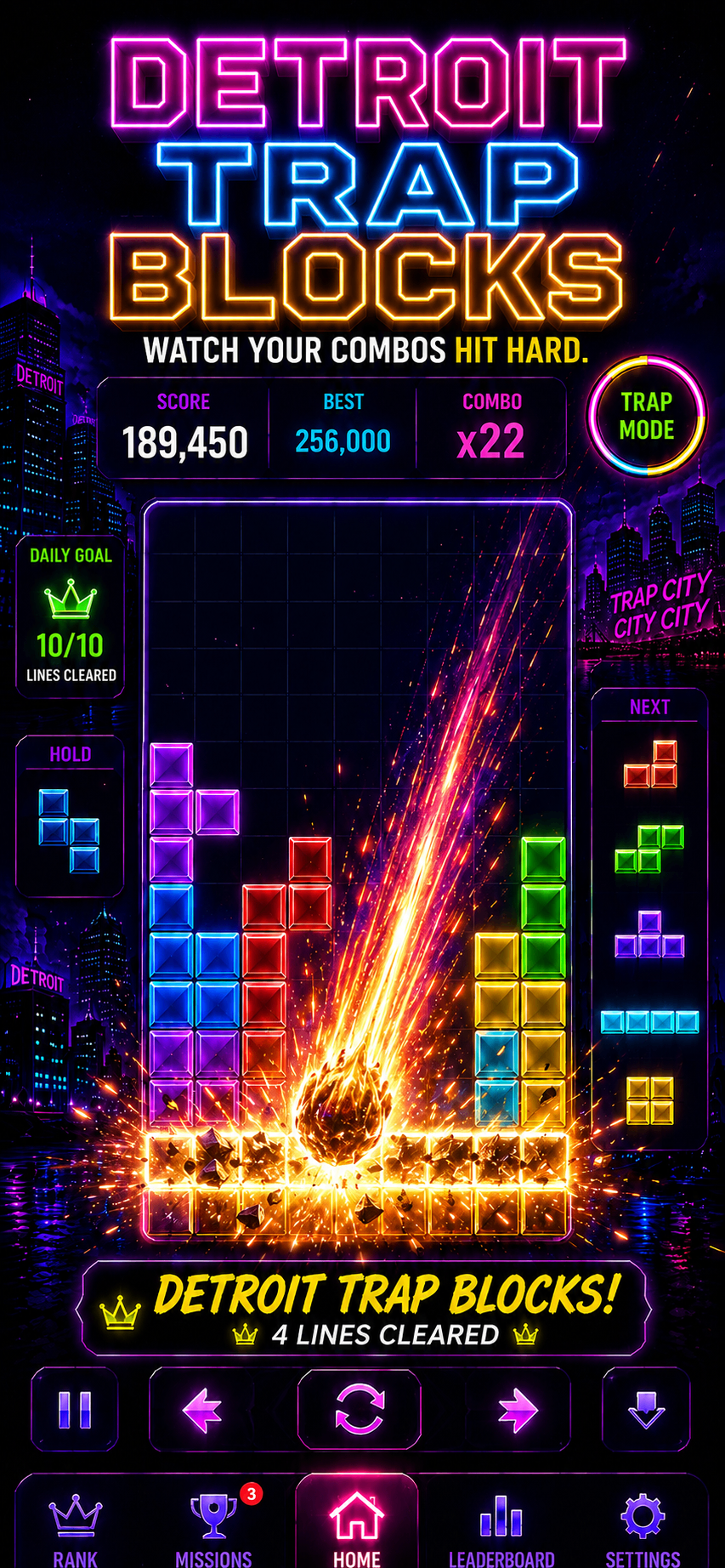Detroit Trap Blocks gameplay with a meteor combo clear
