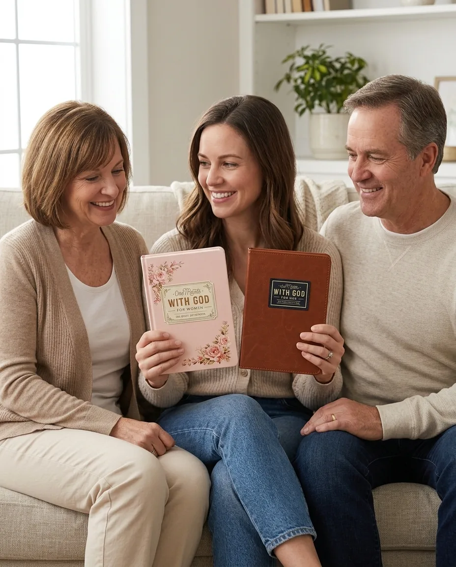 An adult daughter gifting One Minute With God devotionals to her parents