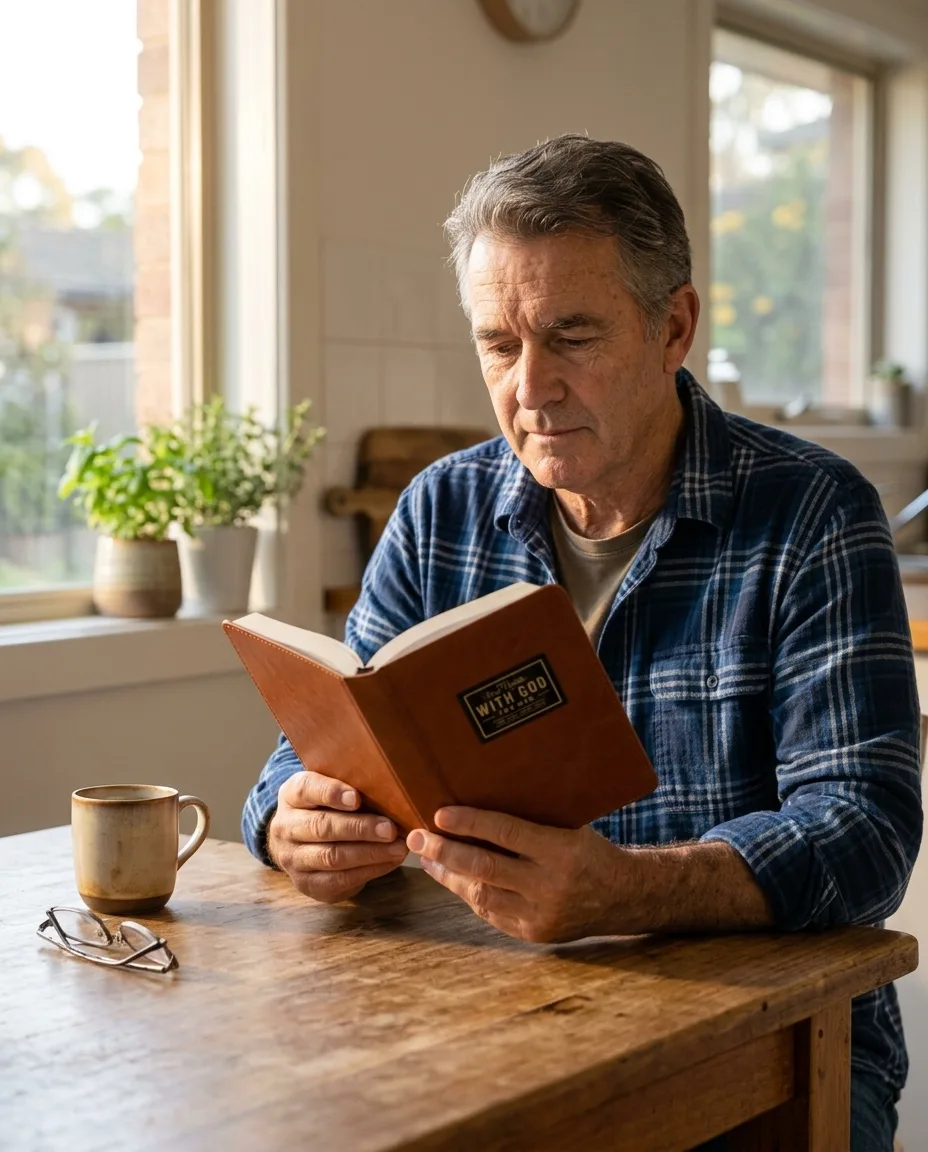 A father reading the brown men's devotional at the kitchen table