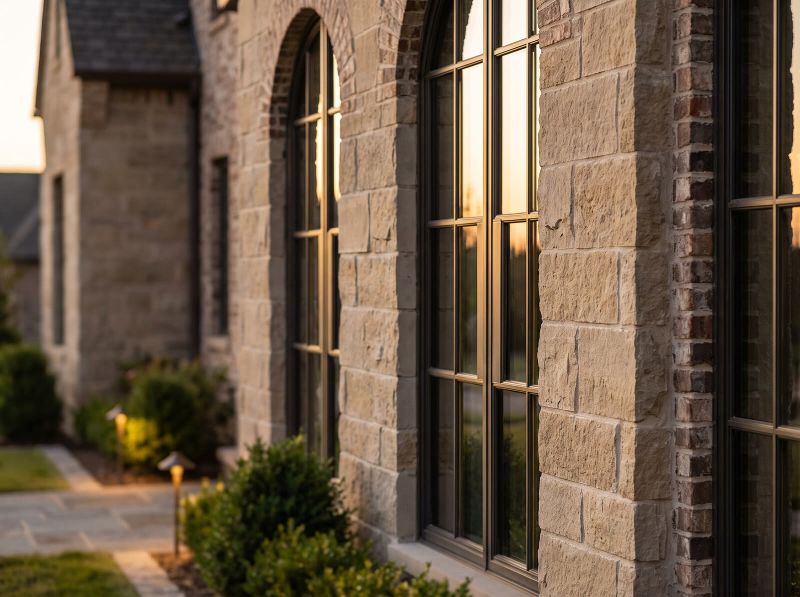 Architectural detail of a luxury Markham home facade at golden hour