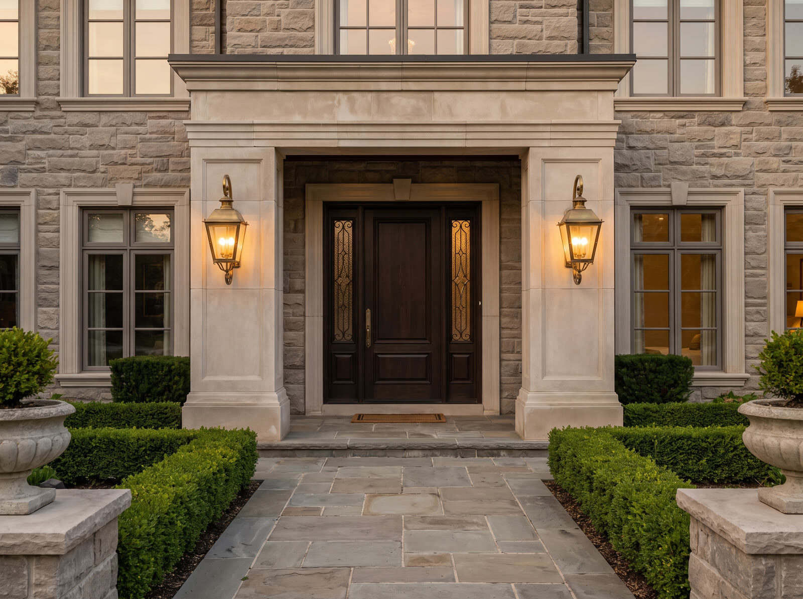 Front entrance of a stately luxury residence at golden hour