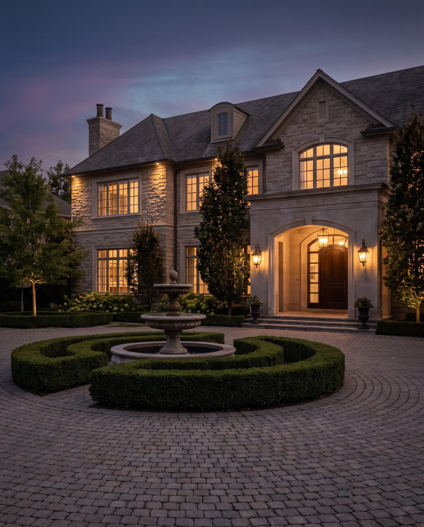Stone estate with circular driveway in Cachet Markham at dusk