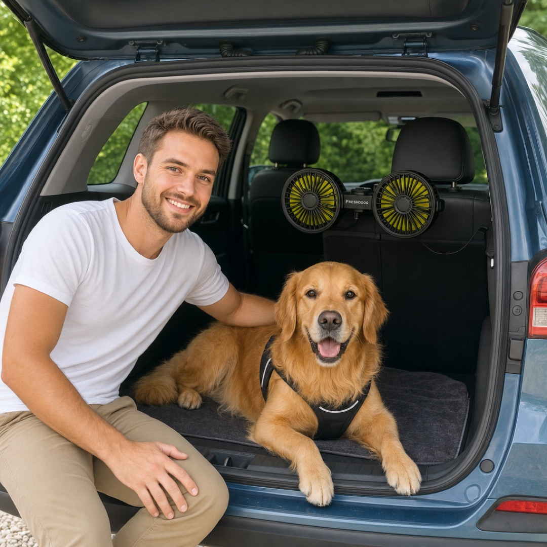 FreshDoggy läuft per USB die ganze Fahrt – am Hund im Kofferraum