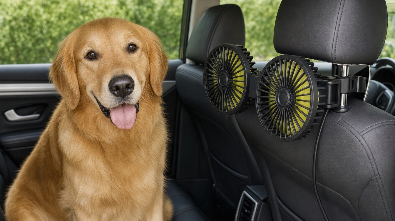 Hund neben dem FreshDoggy im Auto während des Tests