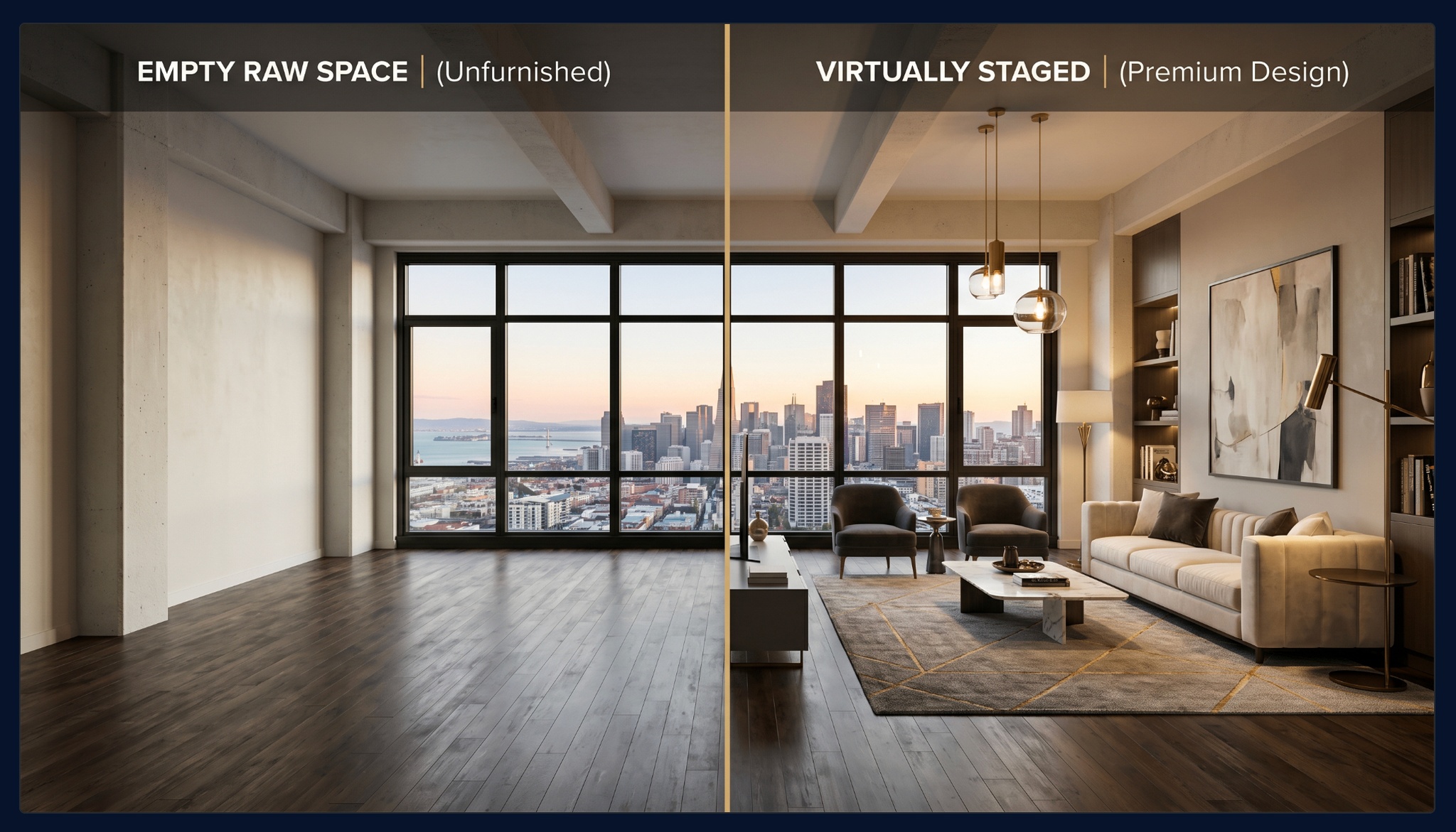Avant / Apr&egrave;s - Staging virtuel loft contemporain avec design premium