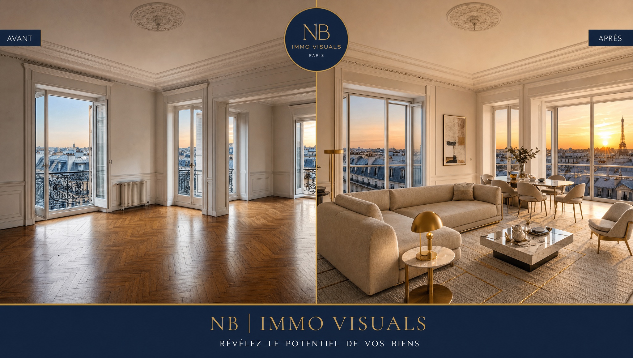 Avant / Apr&egrave;s - Home staging virtuel appartement haussmannien Paris avec vue Tour Eiffel