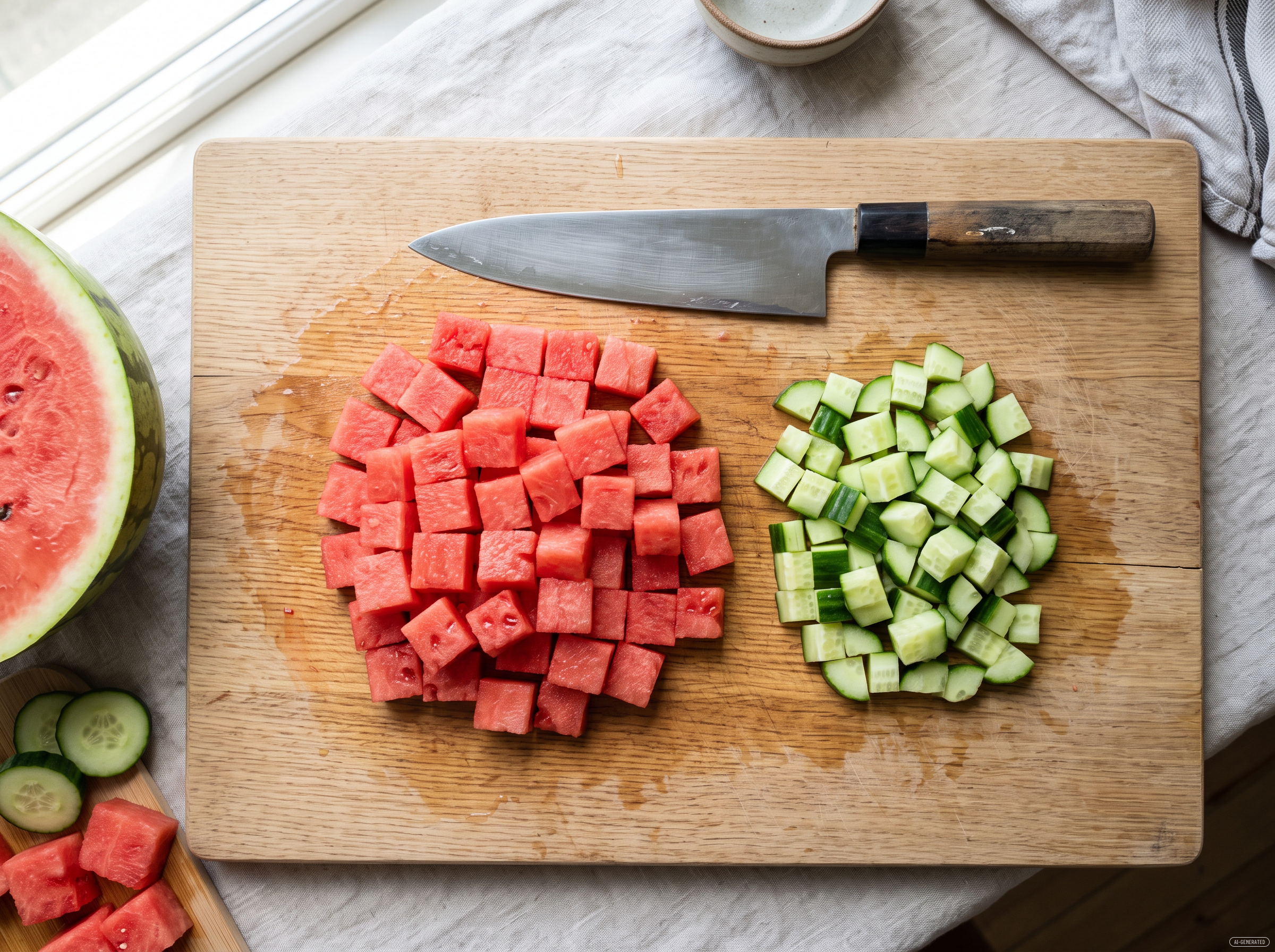 Wassermelone und Gurke werden in Würfel geschnitten