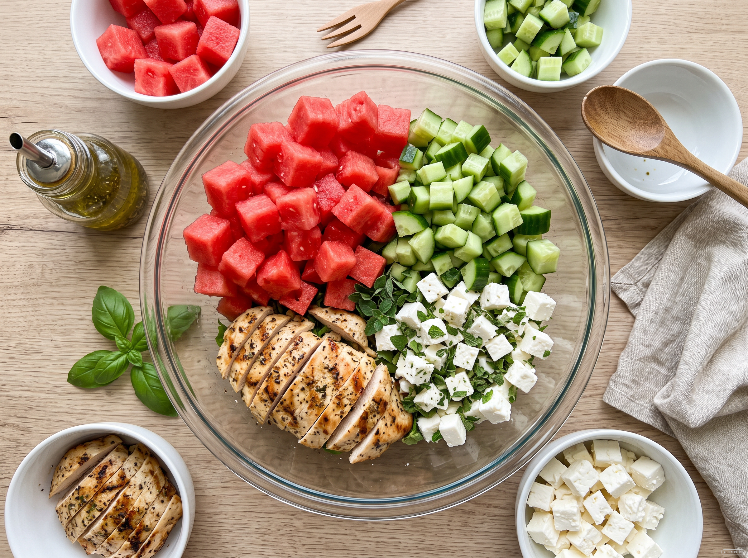Wassermelone, Gurke, Feta und Hähnchen in einer Bowl