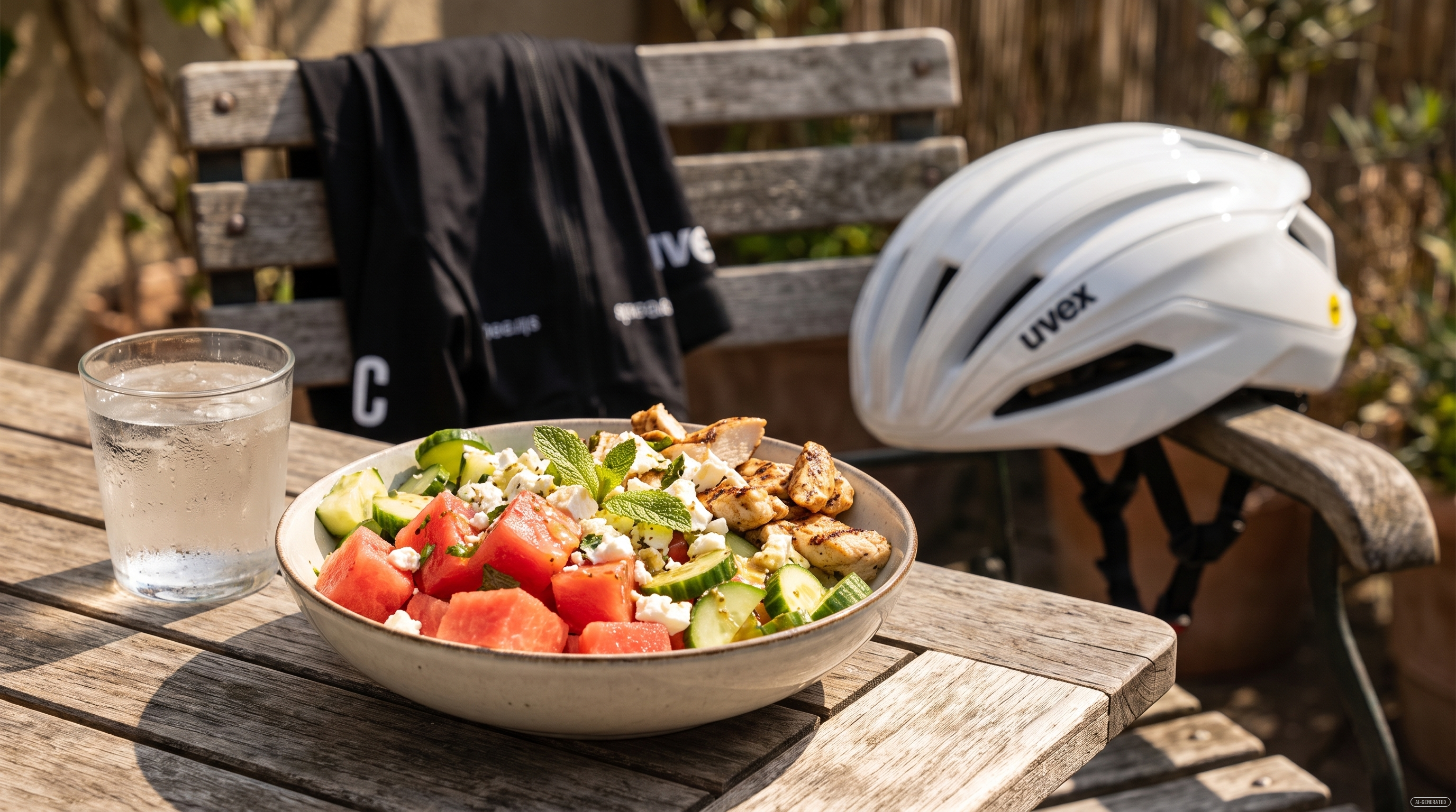 Die fertige Wassermelonen-Honig-Hähnchen-Bowl mit Feta