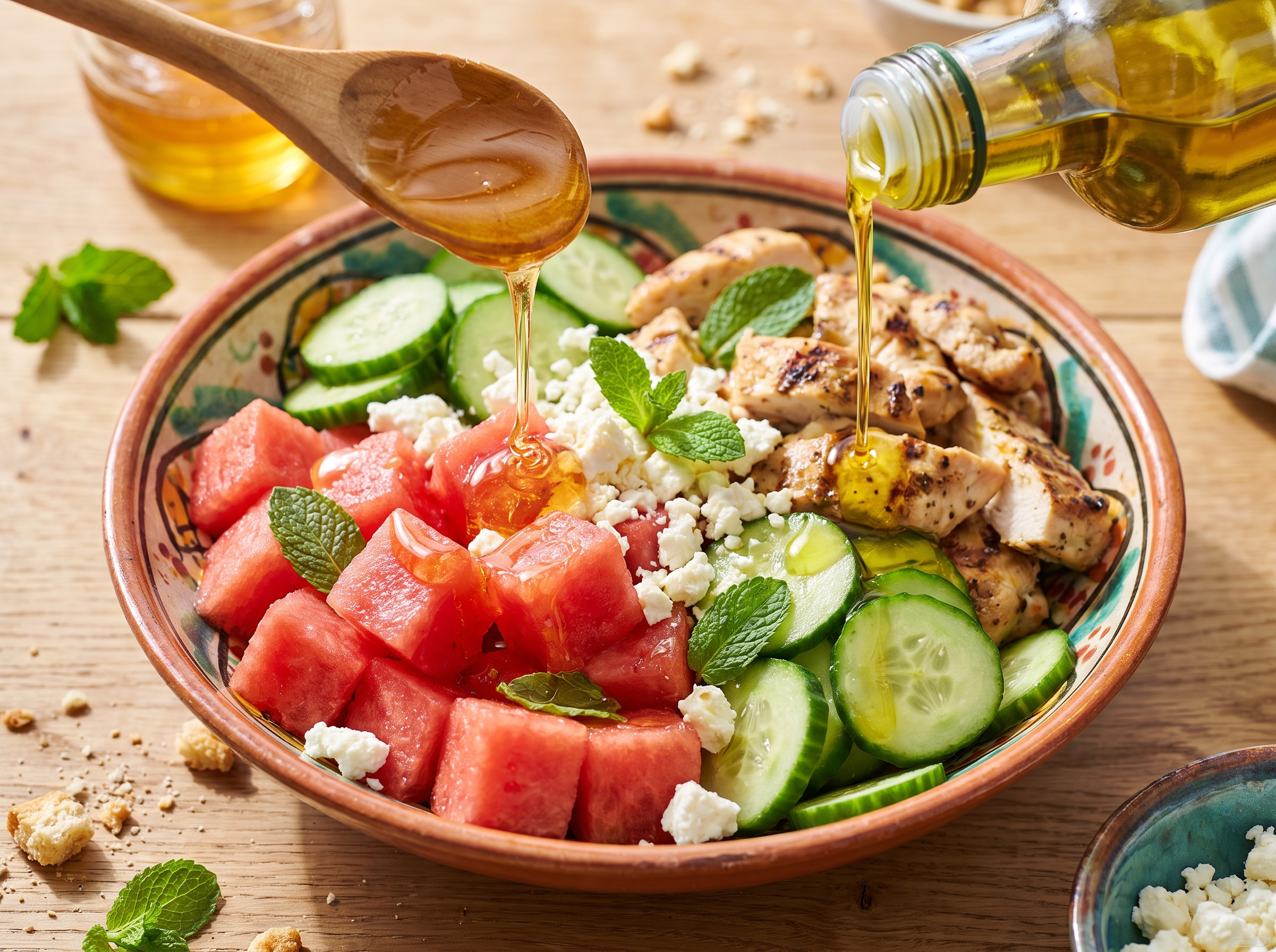 Honig und Olivenöl werden über die Bowl gegeben