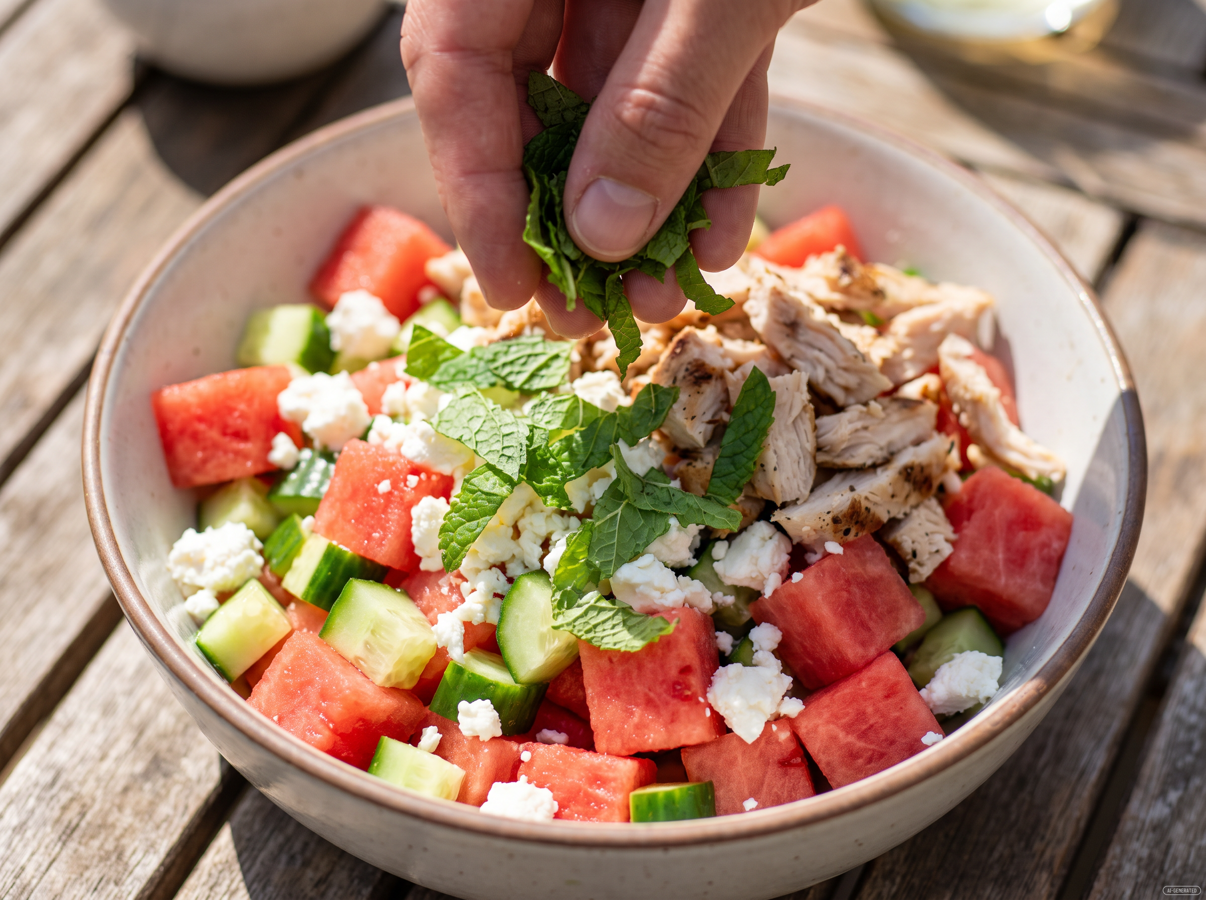 Frische Minze wird über die Bowl gestreut
