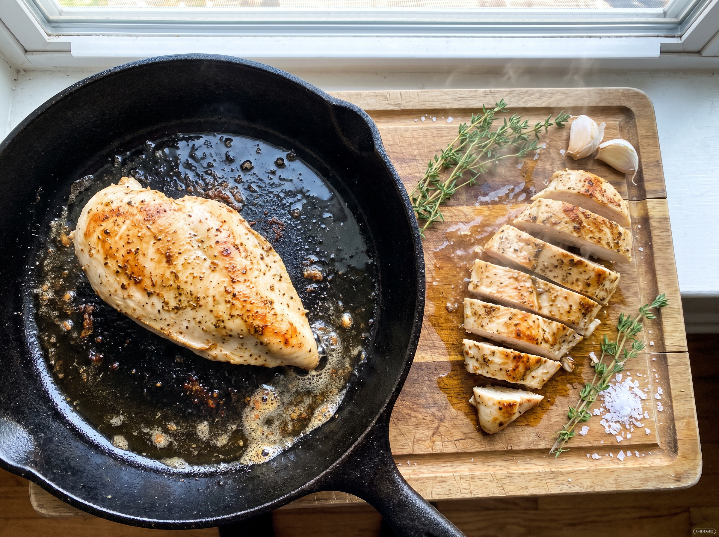 Hähnchenbrust wird angebraten und in Streifen geschnitten