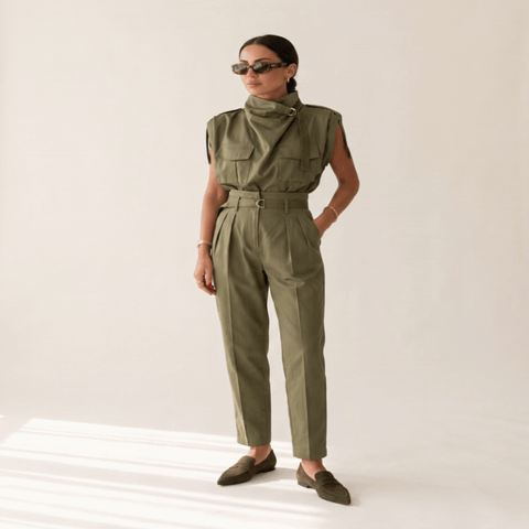 Luna Two-Piece Co-Ord Set, Army Green, in motion