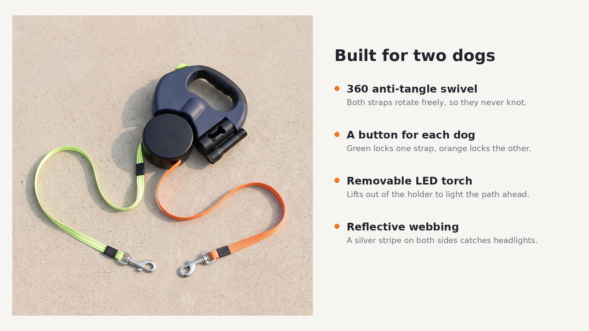 Built for two dogs: anti-tangle swivel, a button for each dog, removable LED torch and reflective webbing