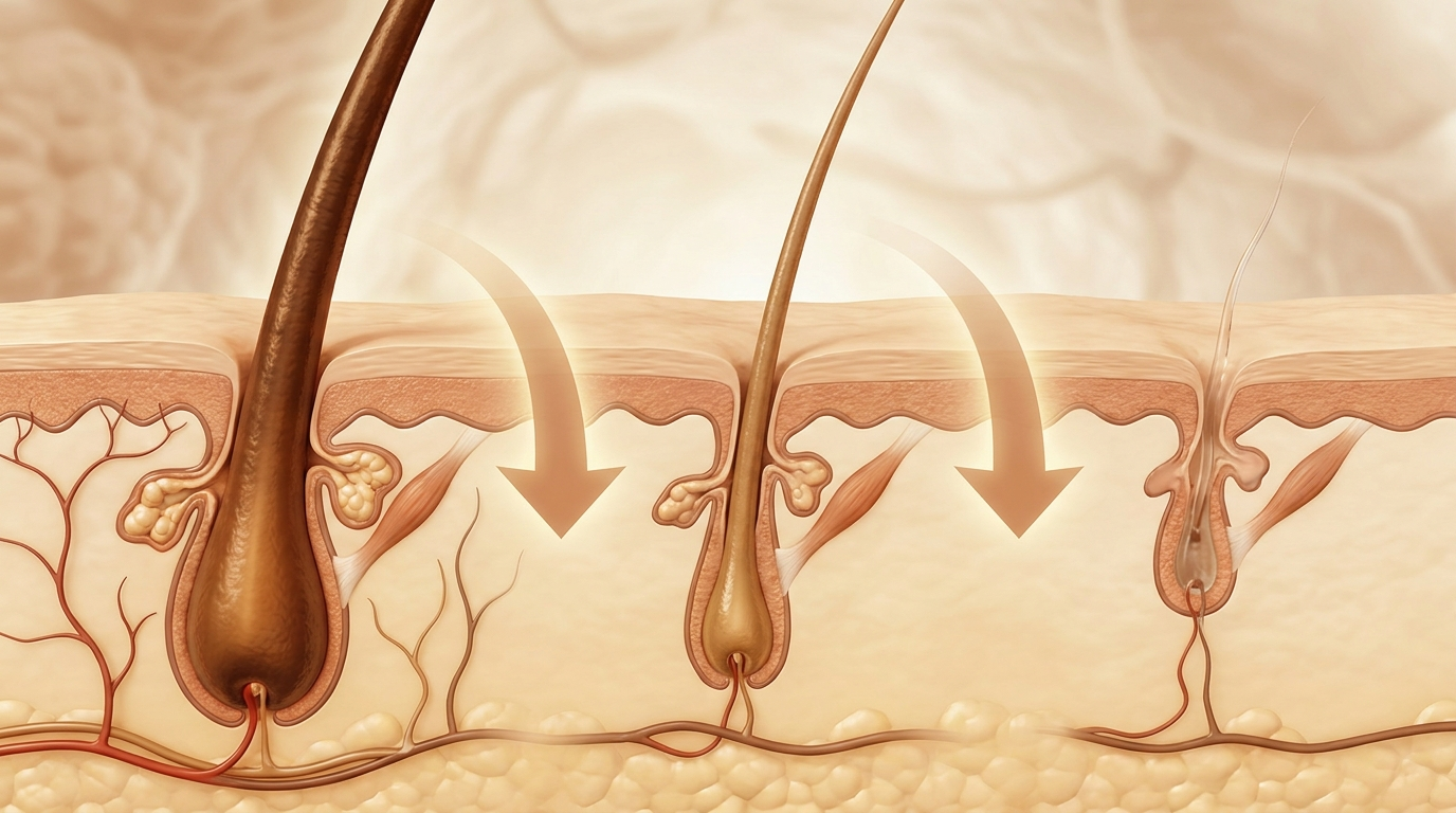 Three stages of a hair follicle shrinking under DHT