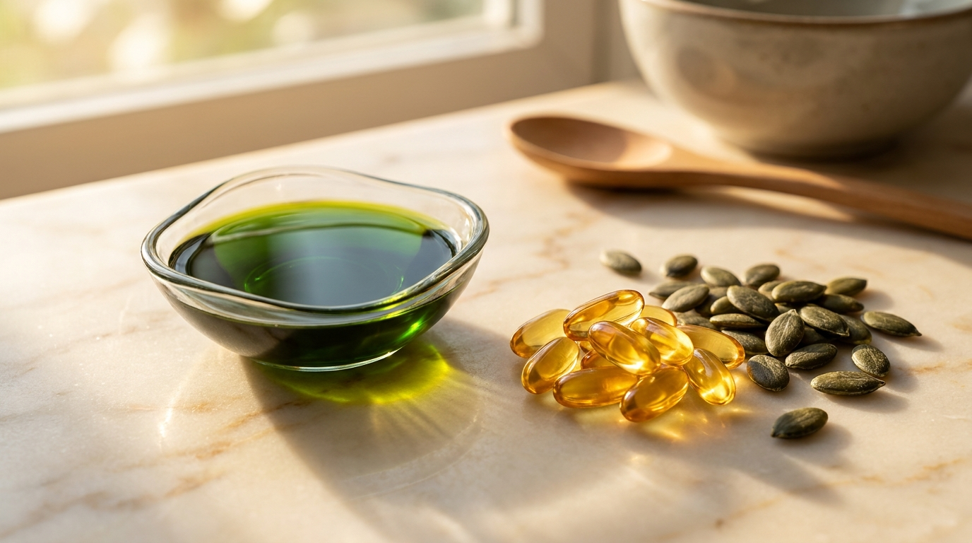 Cold-pressed pumpkin seed oil with softgels and seeds