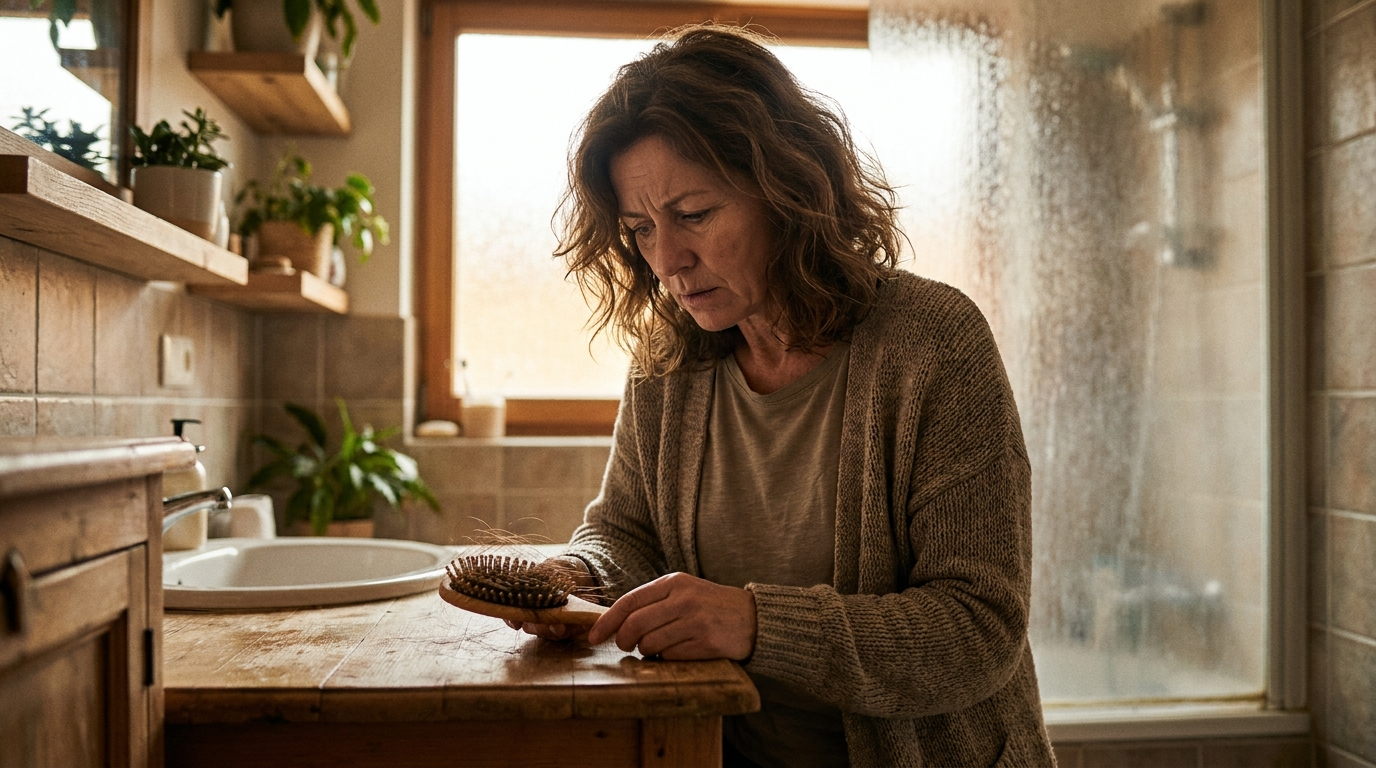 A woman noticing hair shedding in her hairbrush