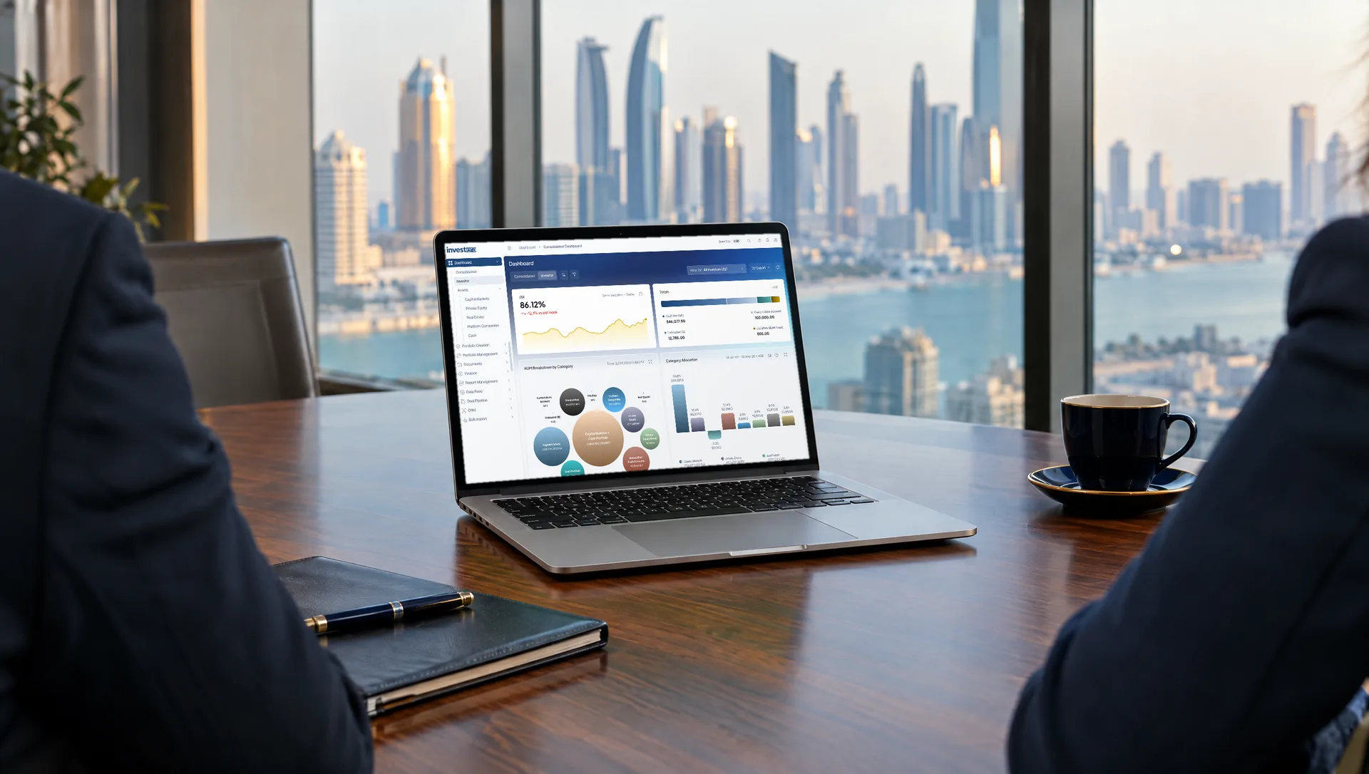 Family office meeting room in Abu Dhabi with the Investera Pro investor dashboard open on a laptop