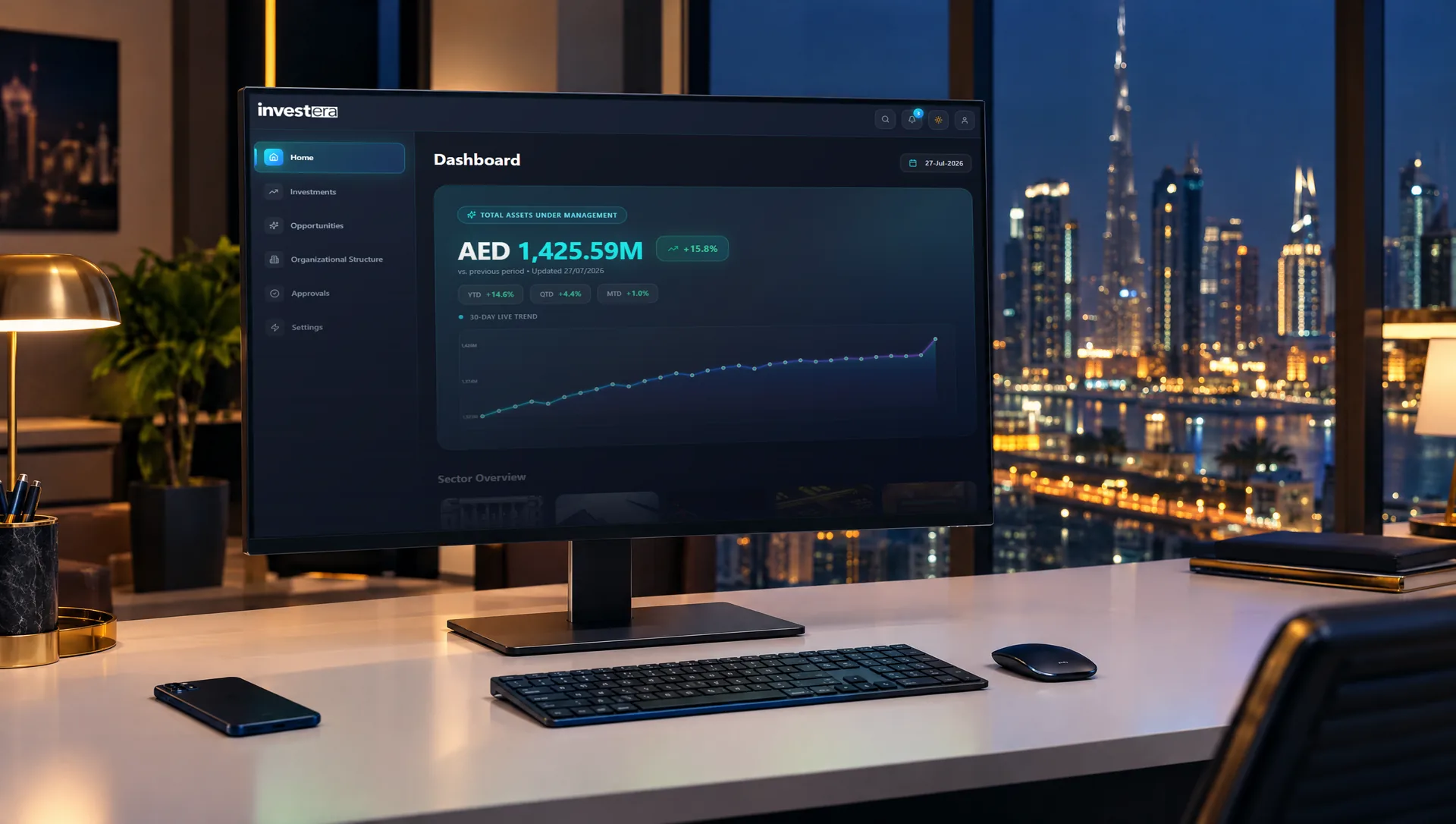 Investment office desk in the evening with the Investera investor app dashboard on a monitor