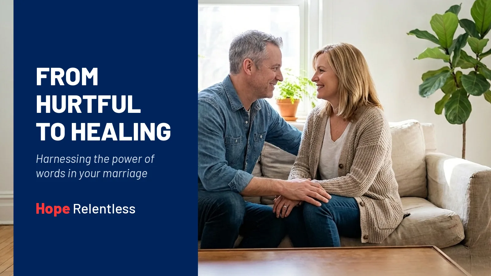 Husband warmly encouraging his wife on a couch, learning to use the power of words to heal a marriage