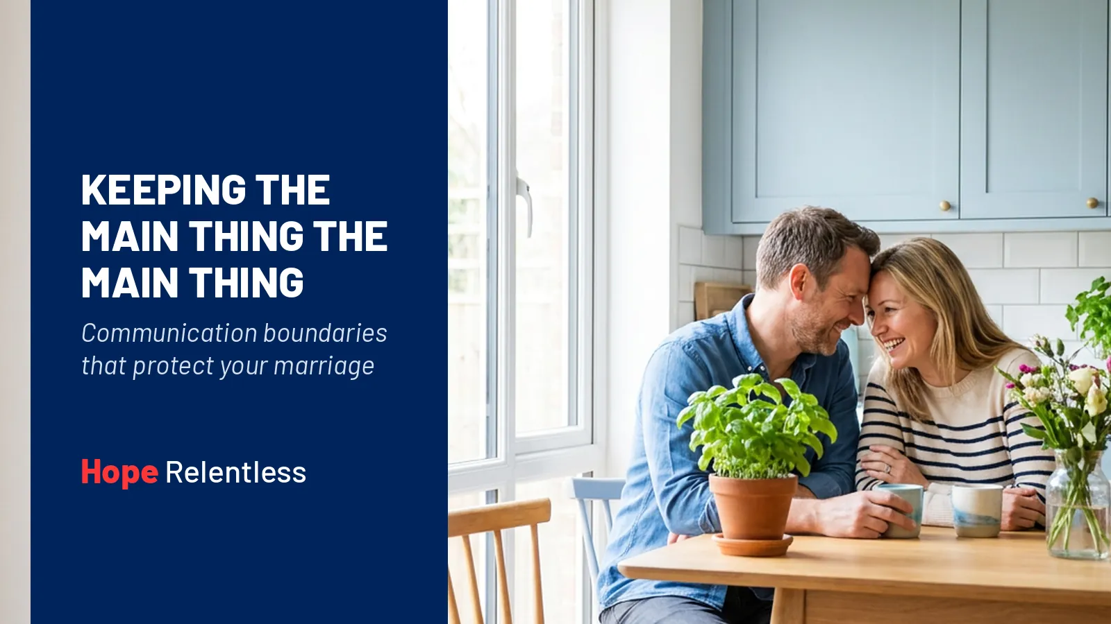 Married couple talking calmly at the kitchen table, setting healthy communication boundaries that keep the main thing the main thing