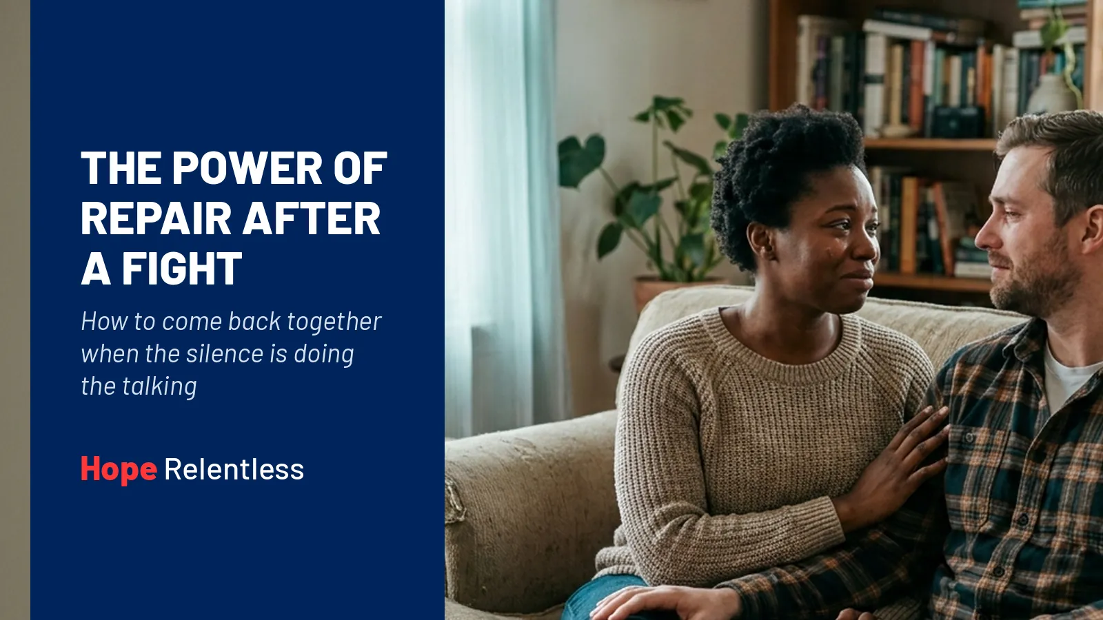 Christian couple reconnecting on the couch after an argument, learning to repair their marriage