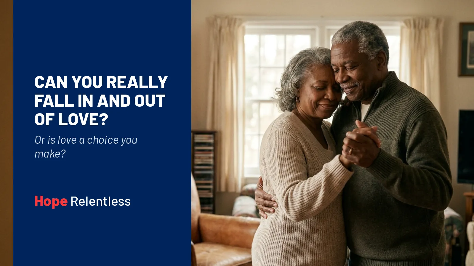 Black couple in their 60s slow dancing close in a warm living room, showing that lasting love is a choice you keep making