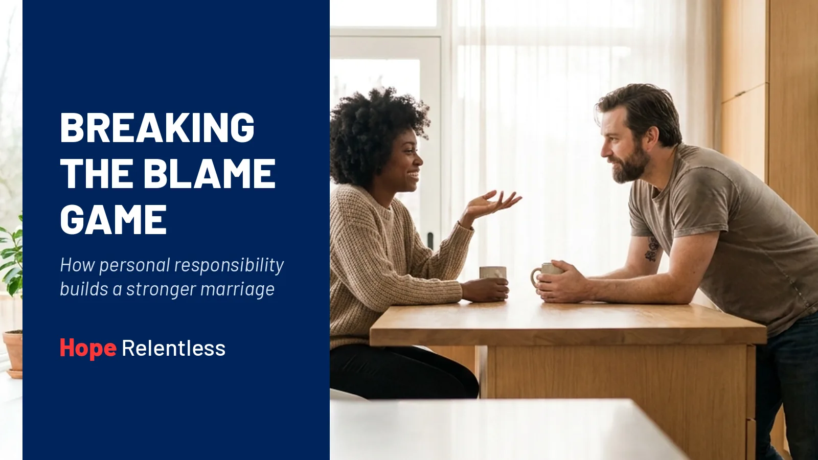 Married couple talking calmly across a kitchen table, learning to trade blame for personal responsibility in marriage