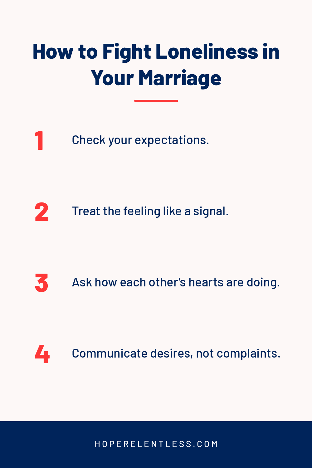 How to fight loneliness in your marriage numbered list graphic from Hope Relentless
