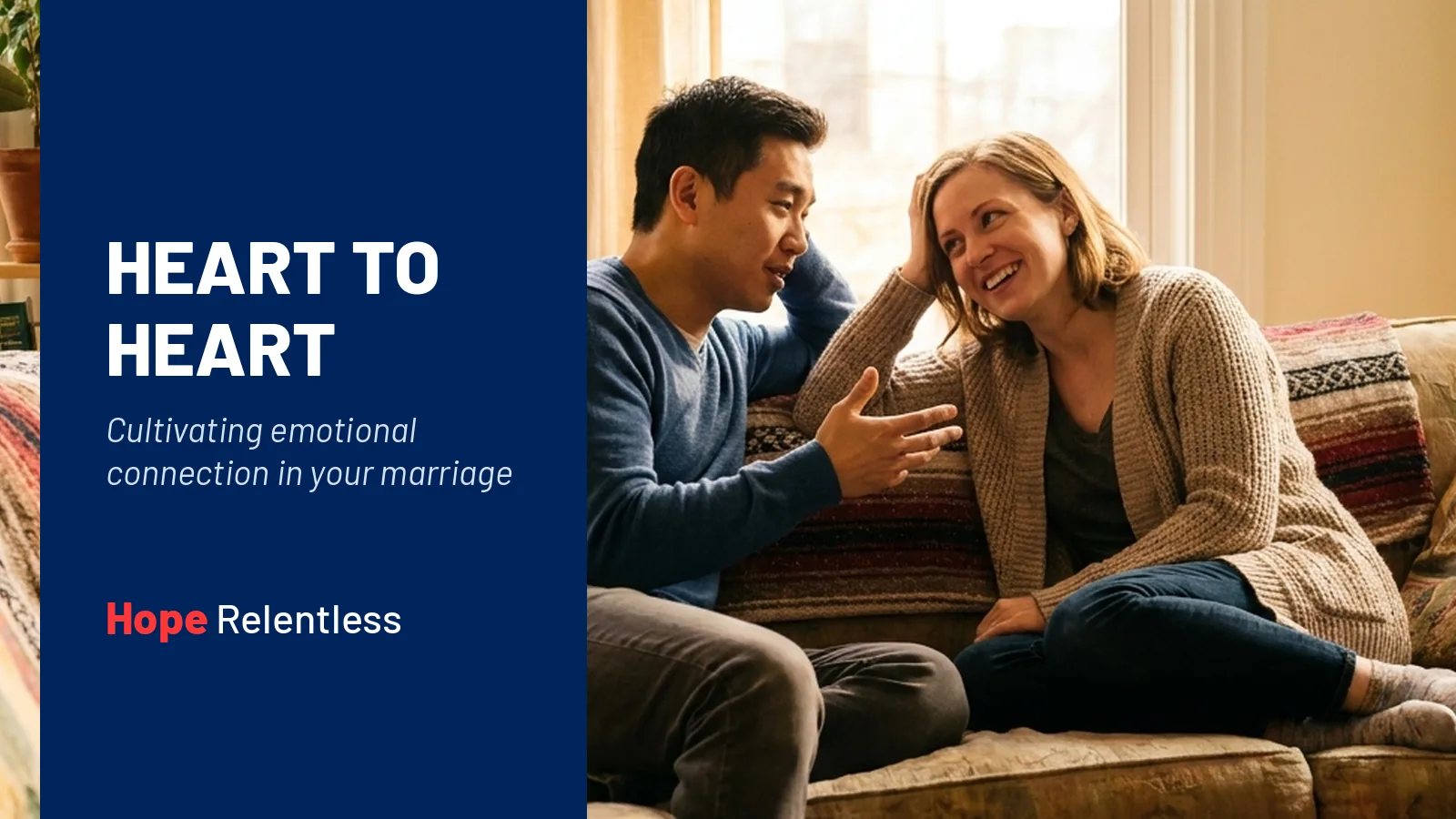 Husband and wife in a tender heart-to-heart on the couch, cultivating emotional connection in their marriage