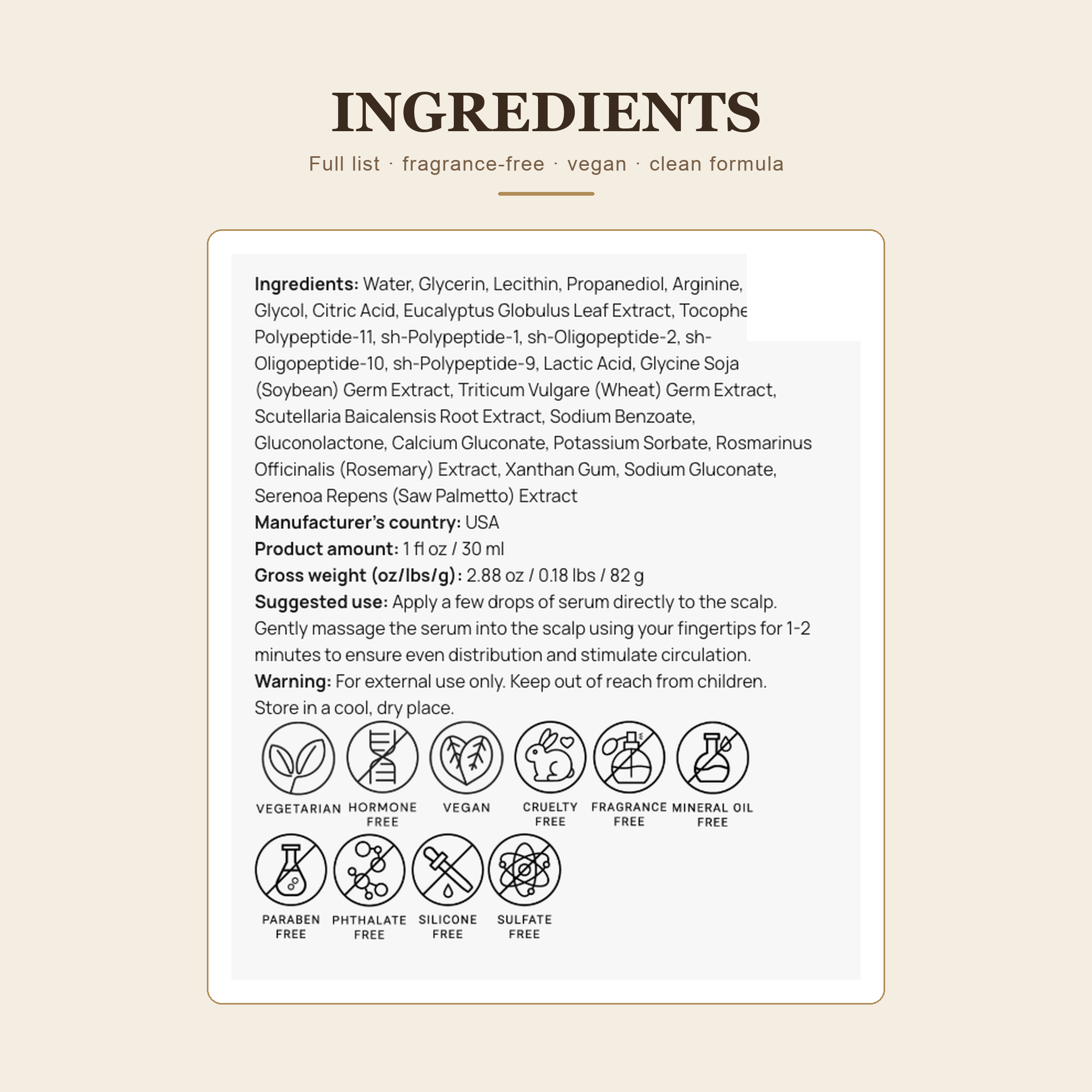 Full ingredients list — fragrance-free, vegan, clean formula