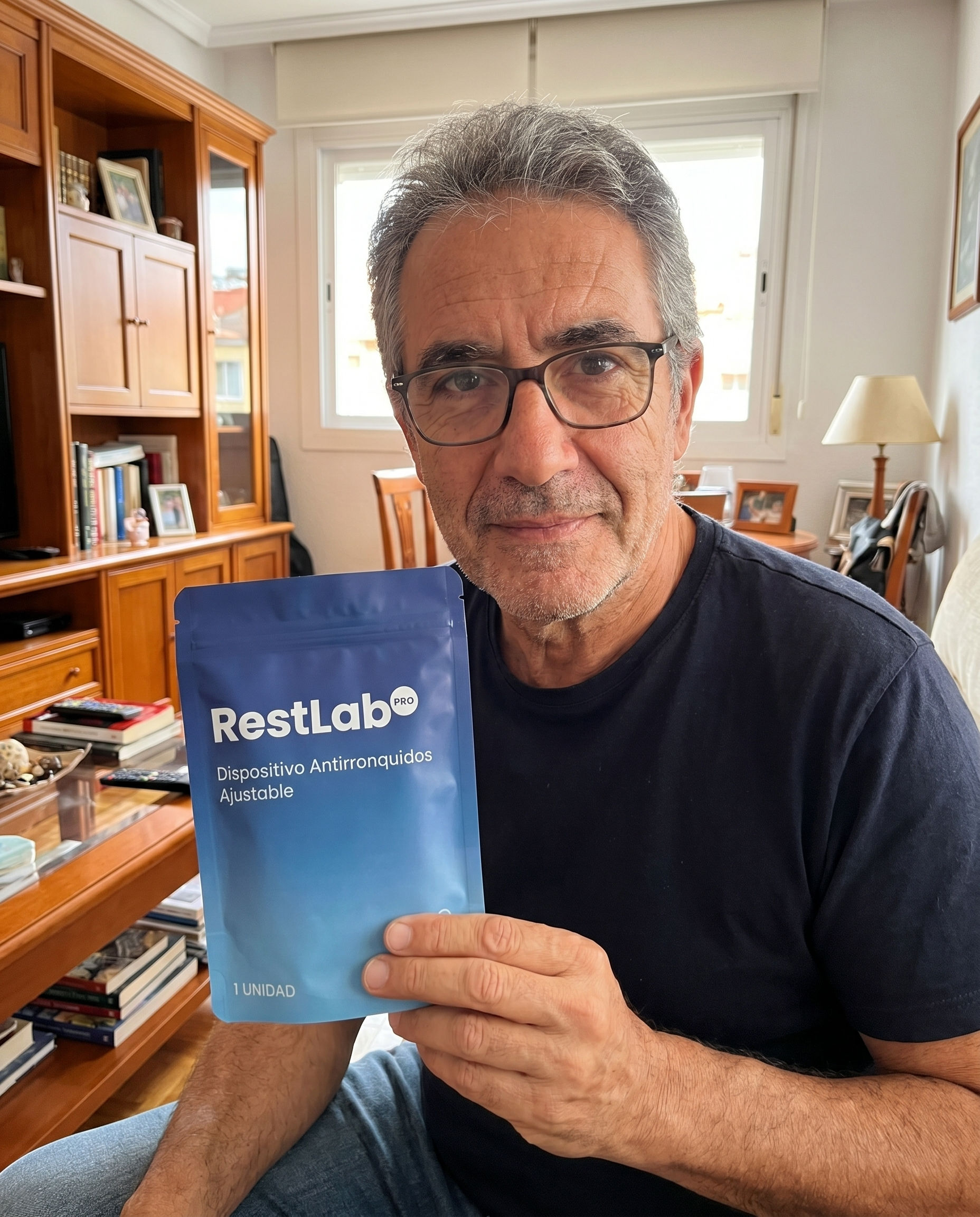 Cliente español con gafas mostrando RestLab