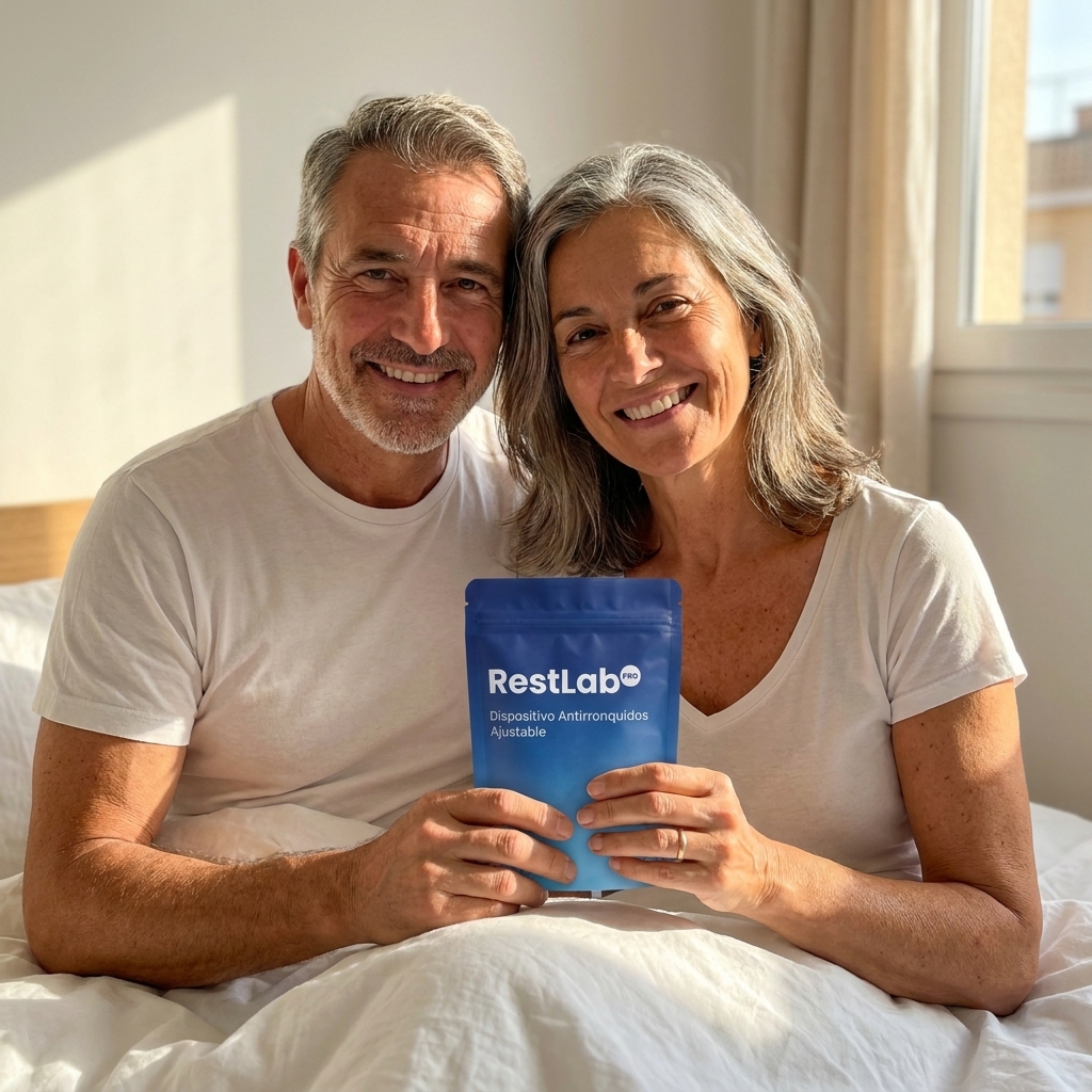 Pareja española descansada sosteniendo el dispositivo antirronquidos RestLab