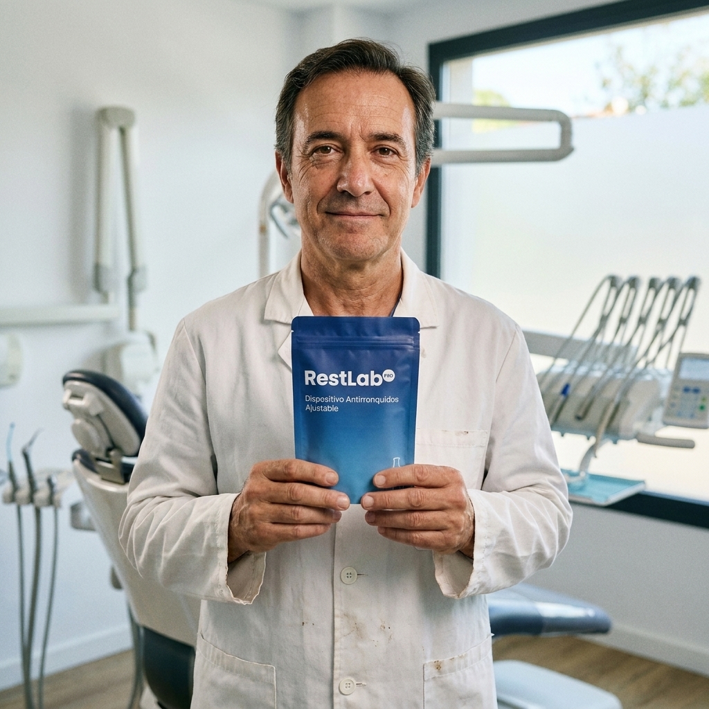 Dr. Rafael Soler, ortodoncista del sueño, creador de RestLab, en su clínica sosteniendo el dispositivo