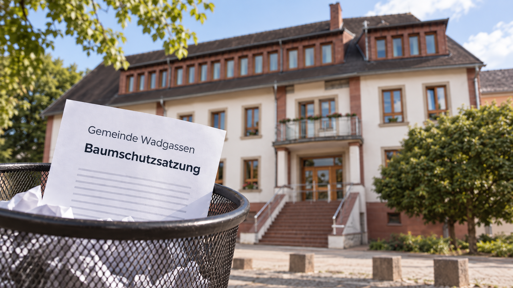 Die Baumschutzsatzung der Gemeinde Wadgassen liegt in einem Papierkorb vor dem Wadgasser Rathaus.