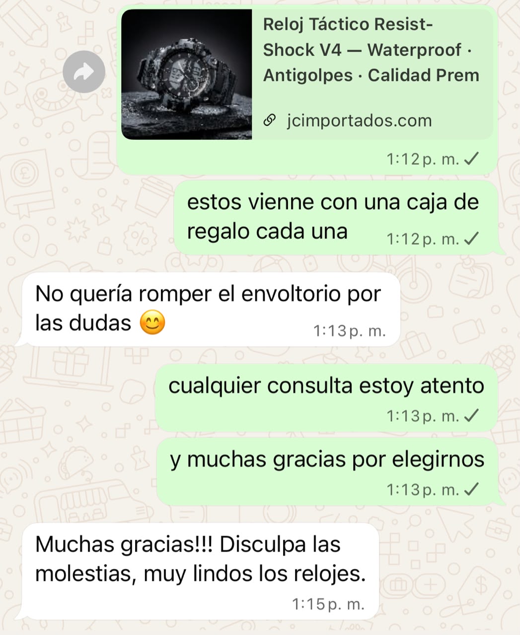 Testimonio por WhatsApp muy lindos los relojes