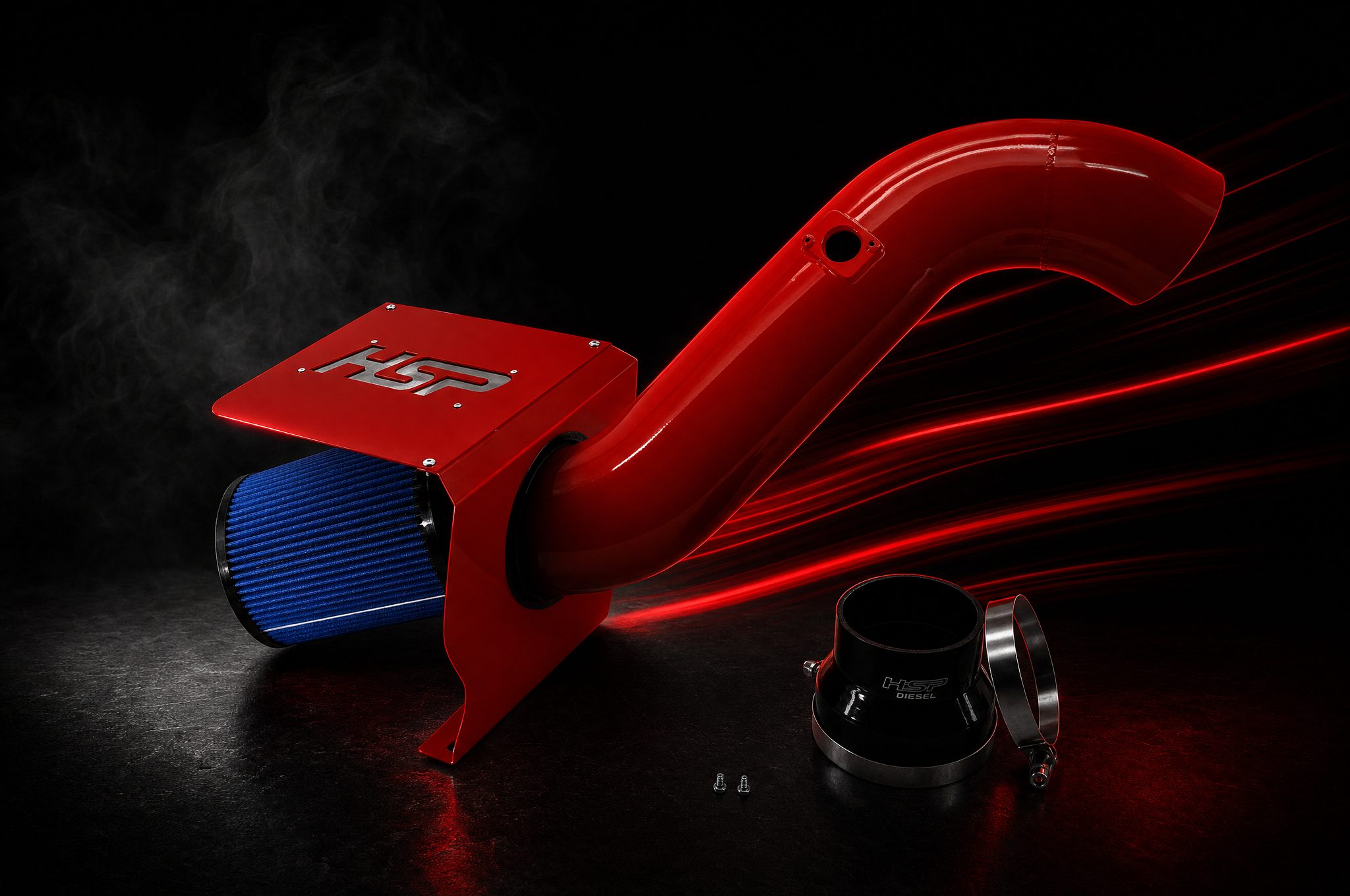 Red powder-coated DDP cold air intake with heat shield box