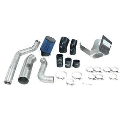 Cold air intake kit with silver pipes, blue filter, and heat shield