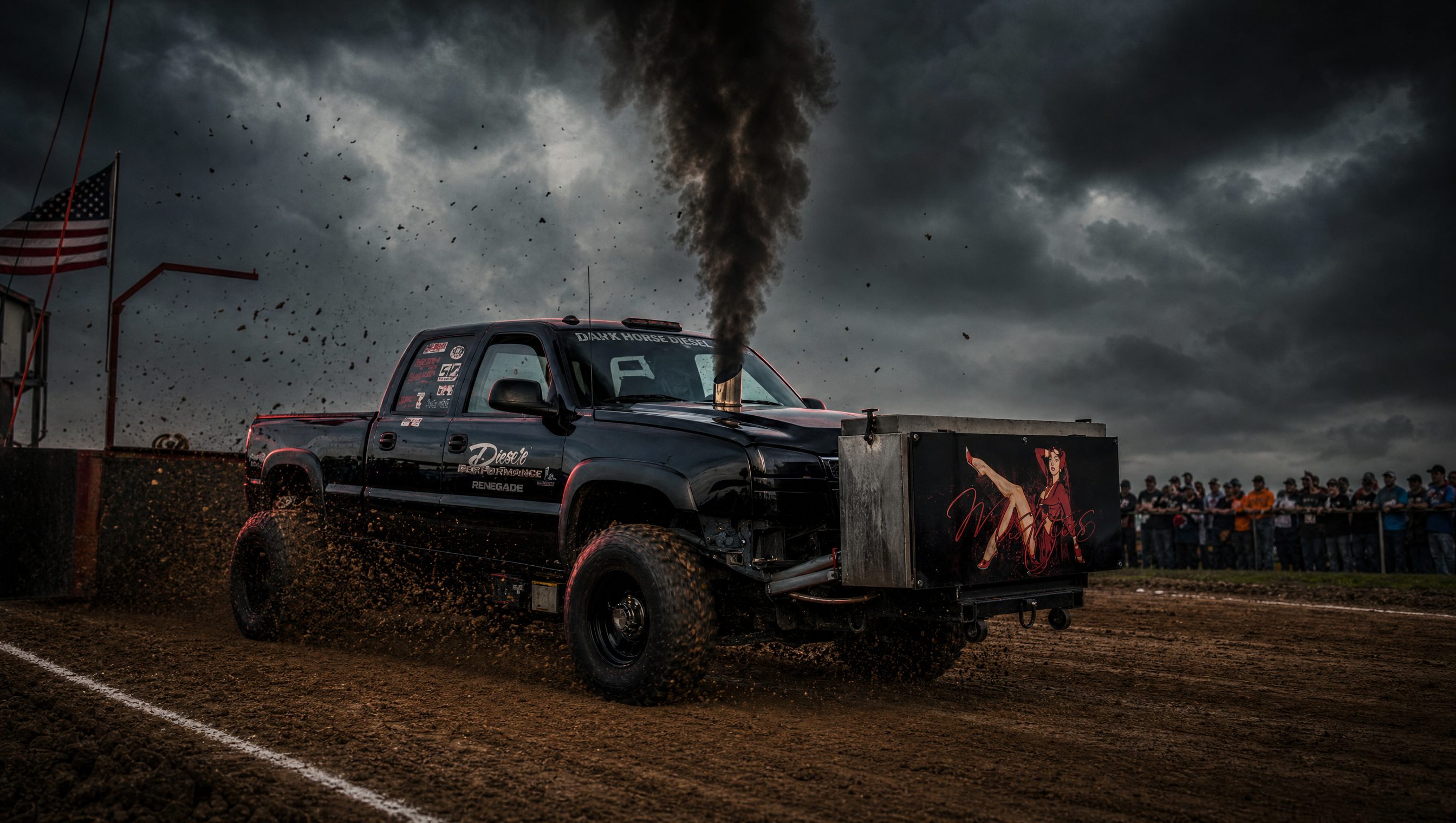 Dan's Diesel pull truck rolling coal on the dirt track