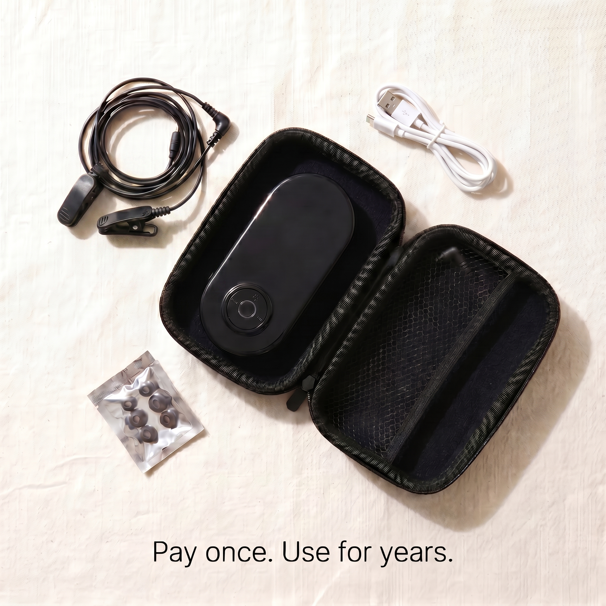 The Lull clinical-grade ear-clip device, USB-C cable, electrodes, and travel case shown in its open carry case.